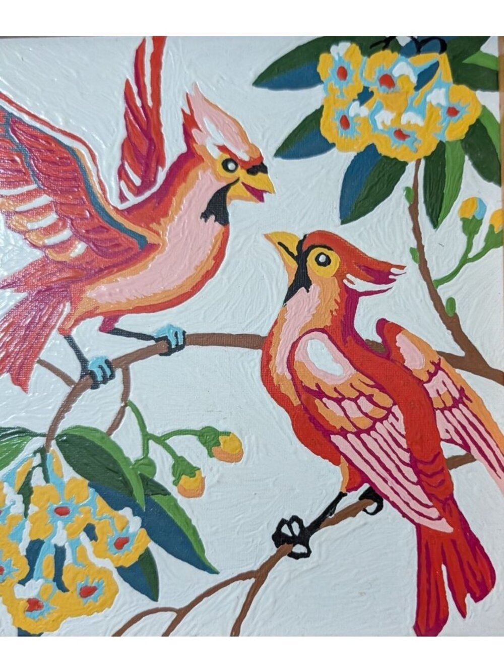 Vintage Paint by Number Cardinal red Birds Yellow Flowers wooded 10 in Folk art - Picture 3 of 11